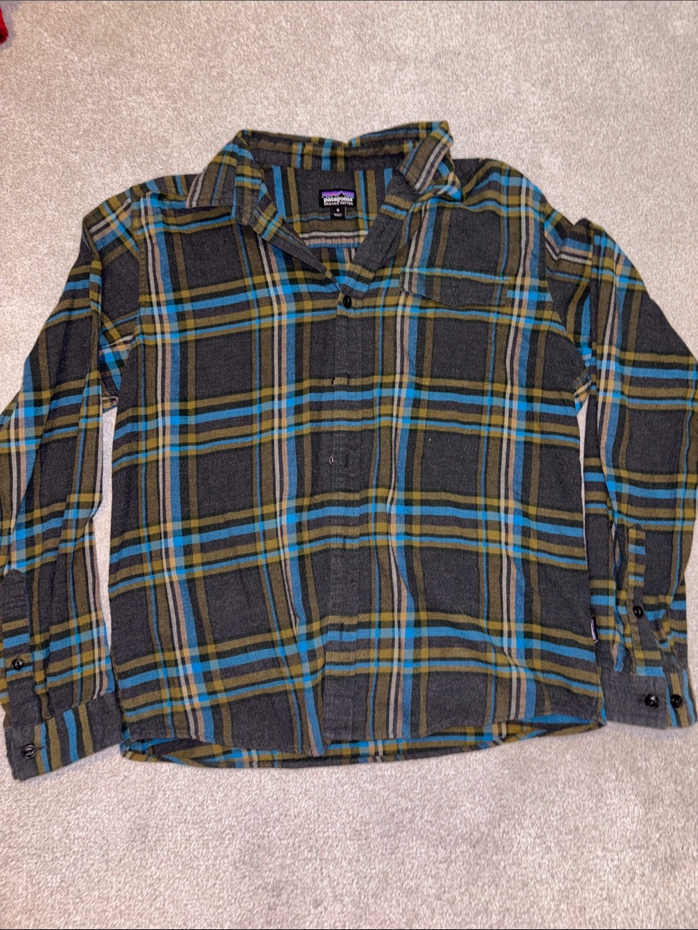 Patagonia Gray Plaid Flannel Shirt with Blue and Olive Stripes